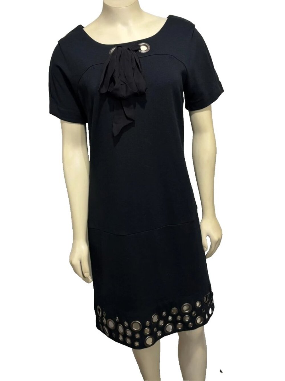 Kensie Prertty M Black Short-Sleeve Knee-Length Dress Metal Grommets Hem FLAWS